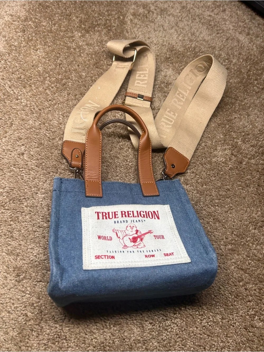 True Religion Blue Denim Mini Messenger Bag with Brown Leather Handles